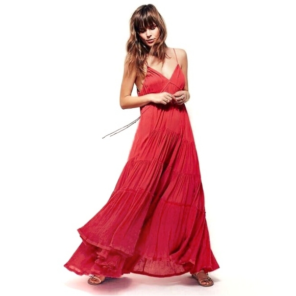 Free People Cosmico Maxi Endless Summer V Neck Sleeveless Dress Gauze Pink Red M - Picture 2 of 13